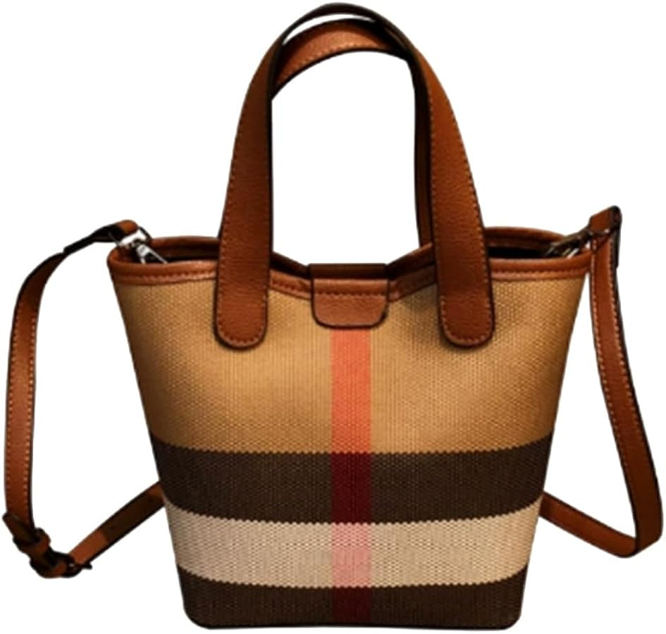Womens Plaid Canvas Handbag Classic Designer Bucket Bags - Mini Crossbody Bag with Leather Handle... | Amazon (US)