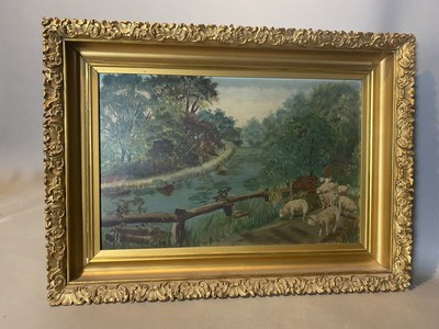 PRIMITIVE ANTIQUE COUNTRY FOLK ART OIL PAINTING GILT FRAMED LANDSCAPE WITH SHEEP  | eBay | eBay US