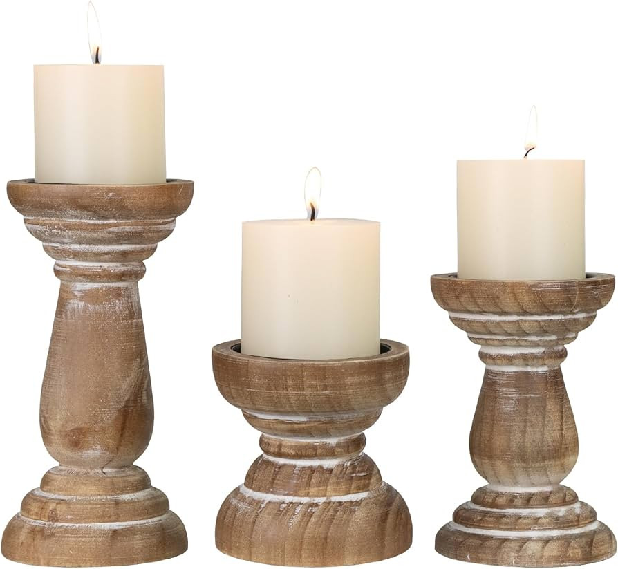 Candle Holder for Pillar Candle Set of 3, Farmhouse Wood Candle Holder, Rustic Wooden Candle Stan... | Amazon (US)