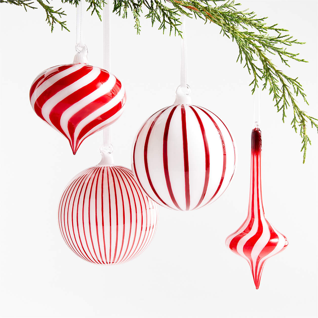 Hand-Blown Hand-Painted Red and White Striped Glass Christmas Tree Ornaments, Set of 4 + Reviews ... | Crate & Barrel