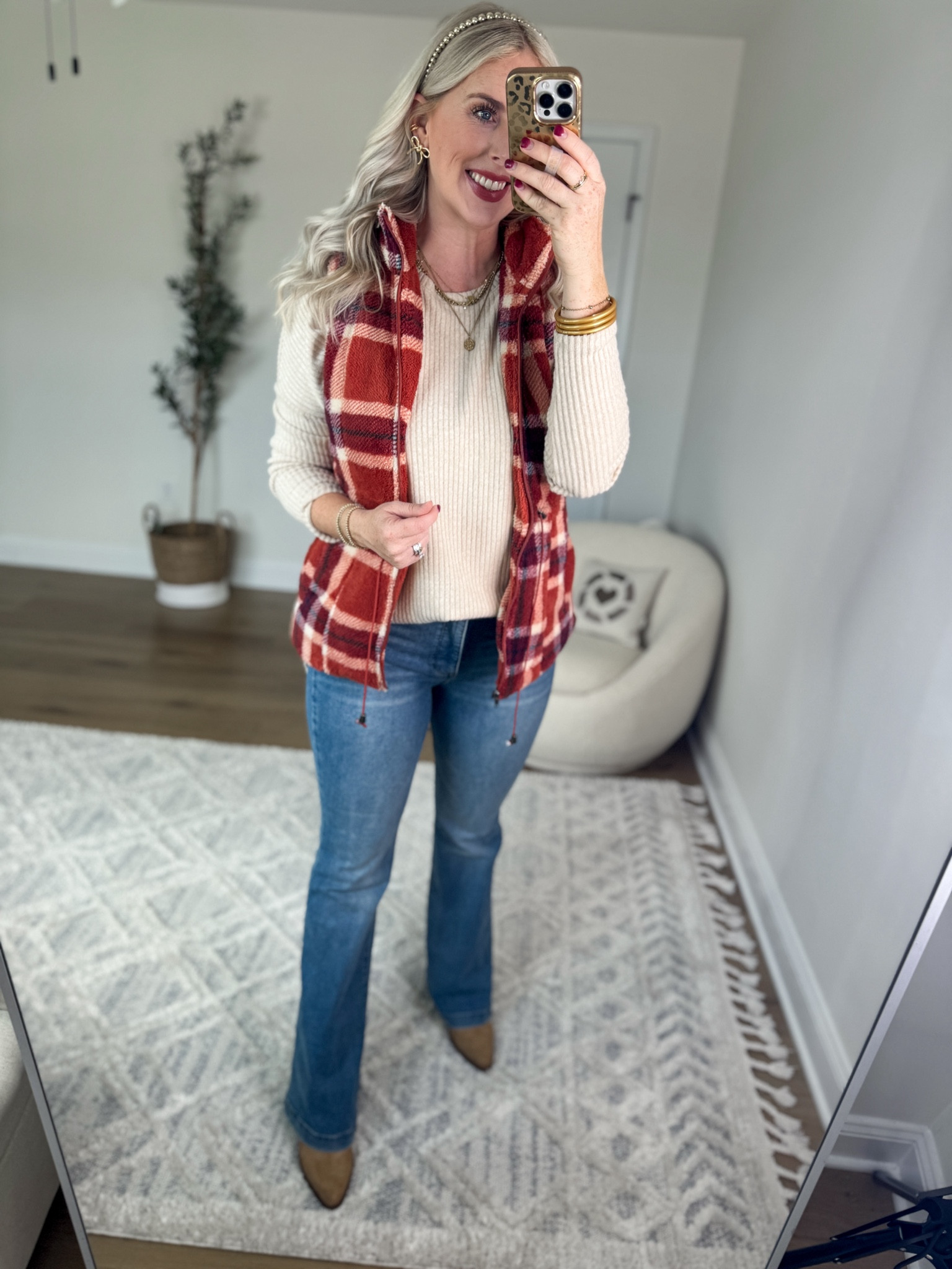 Weekend Walmart Wins try on 
Plaid vest- medium 
Ribbed tunic- medium
Flare jeans 

#LTKSeasonal #LTKFindsUnder50 #LTKStyleTip