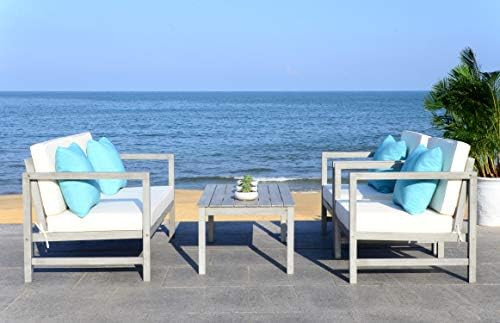 SAFAVIEH Outdoor Collection Montez Grey Wash/ White Cushions/ Light Blue 4-Piece Conversation Patio  | Amazon (US)