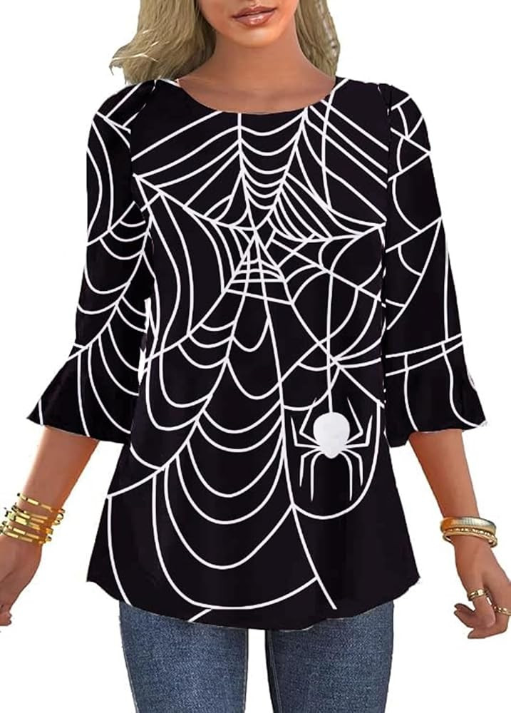 Halloween Shirts Womens 3 4 Sleeve Ruffle Witch Costume Jack o Lantern Pumpkin Halloween Top | Amazon (US)