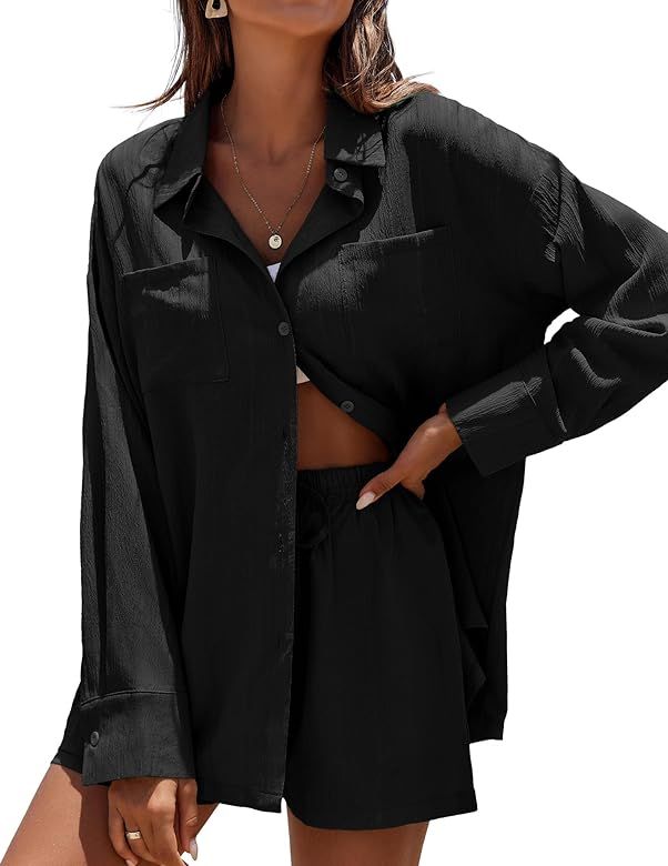 Ekouaer Womens Button Down Lounge Set Long Sleeve Shirt and Shorts 2 Piece Outfits Loungewear Paj... | Amazon (US)