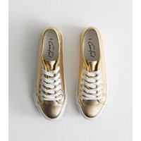 Women's Gold Metallic Canvas Lace Up Trainers Vegan New Look | New Look (UK)