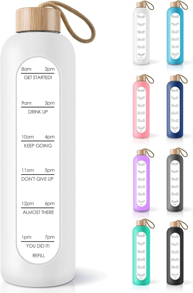PROBTTL 32 Oz Borosilicate Glass Water Bottle with Time Marker Reminder Quotes, Leak Proof Reusab... | Amazon (US)