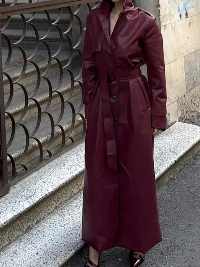 Women's Faux Leather Jacket Trench Coat Leather Trench Coat Warm Comfortable Pocket Buttons Fashi... | Lightinthebox