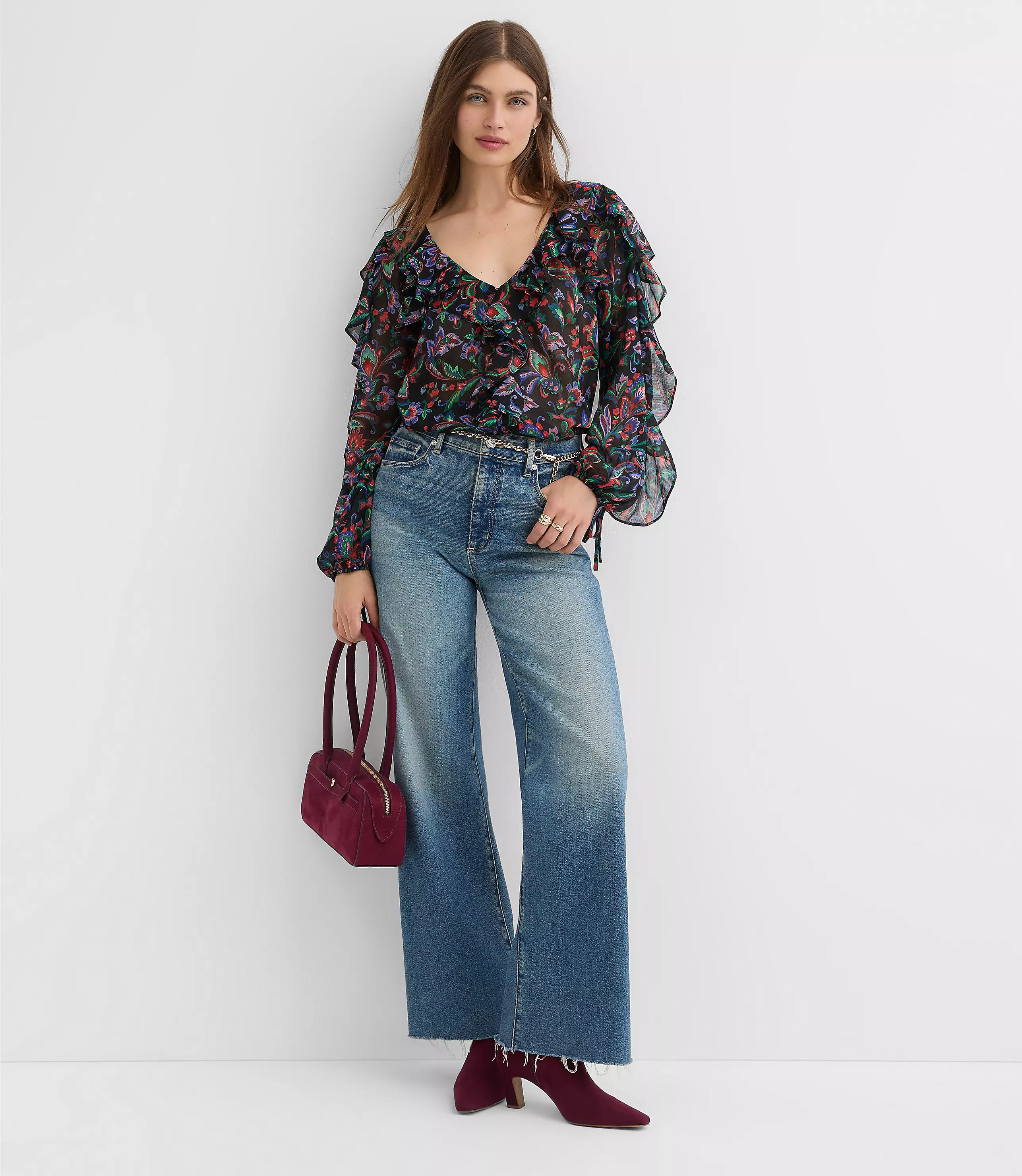 Floral Ruffle Tie Cuff Blouse | LOFT