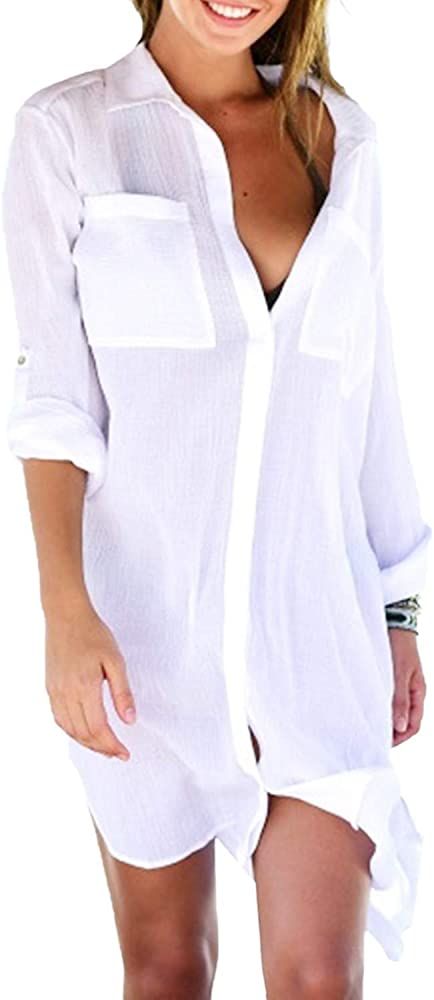 Women Sexy Vogue Button Down Shirts Crinkle Chiffon Bathing Suit Cover up Beachwear | Amazon (US)