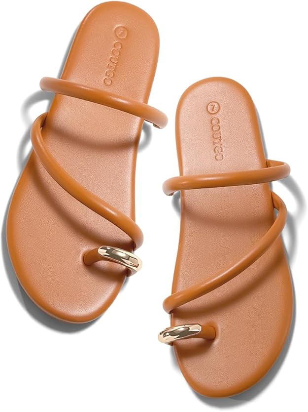 Coutgo Womens Strappy Flat Sandals Square Open Toe Flip Flops Slides Toe Ring Summer Dress Shoes | Amazon (US)