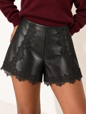 Lace Trim Faux Leather Shorts | Commense