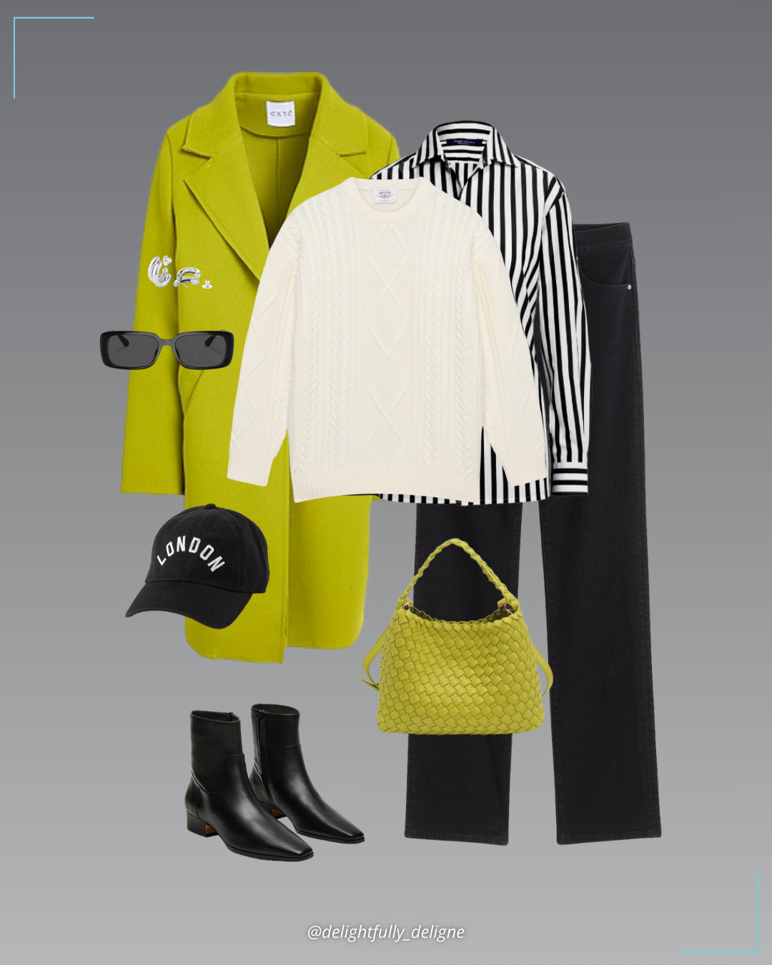 Another way to wear Acacia 💛🤍 Single-breasted coat, knit merino wool crew sweater, Capri stripe button-down shirt, longline straight jeans, black leather boots, crossbody bag, London baseball cap, Florence earrings & narrow rectangle sunglasses.  

 #LTKootd #LTKSeasonal #LTKOver40