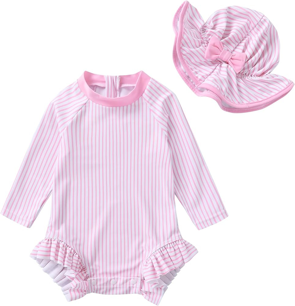 Infant Baby Girl Swimsuit One-Piece Long Sleeve Rash Guard with Hat Set Floral Zipper Bathing Sui... | Amazon (US)