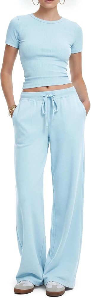 Women's 2 Piece Set Soft Lounge Sets Short Sleeve Slim Tops and High Waisted Wide Leg Pants Outfi... | Amazon (US)
