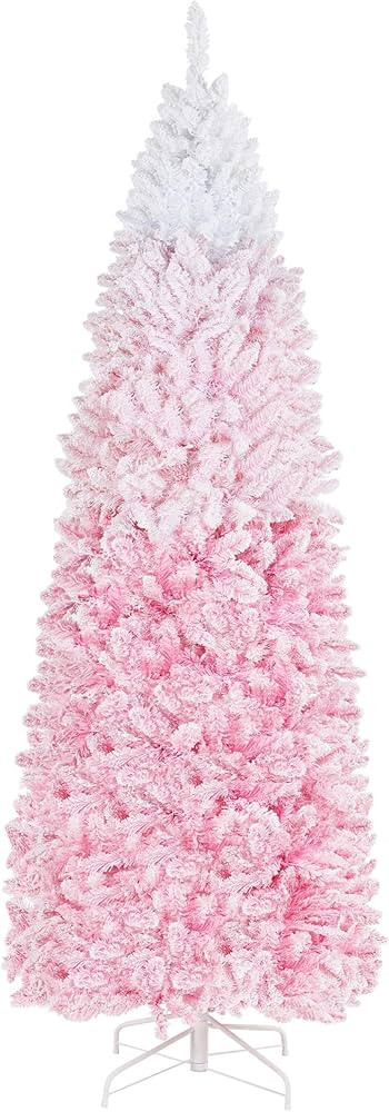 Topeakmart 7.5Ft Prelit Slim Artificial Christmas Tree, Flocked Pencil Xmas Tree with Lights, Rea... | Amazon (US)