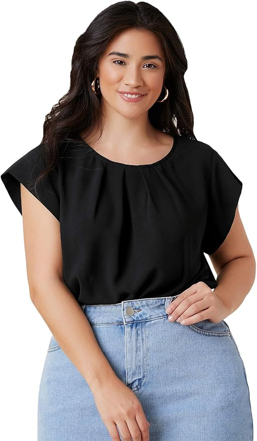 Milumia Women's Plus Size Pleated Top Crew Neck Cap Sleeve Office Work Blouse Shirt | Amazon (US)
