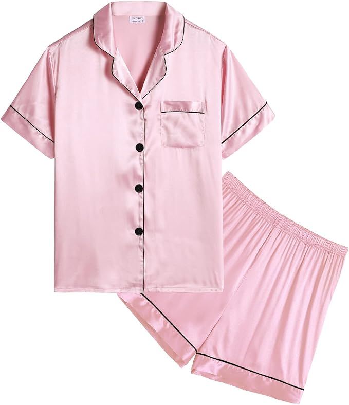 SWOMOG Kids Satin Pajamas Sets Girls Boys Button-Down Pjs Short Sleeve Silk Nightwear 2 Piece Lou... | Amazon (US)