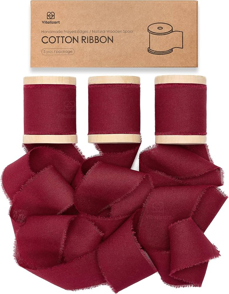 Vitalizart Burgundy Red Ribbon 1-1/2" x 15 Yd 100% Cotton Handmade Frayed Fringe Fabric Ribbons f... | Amazon (US)