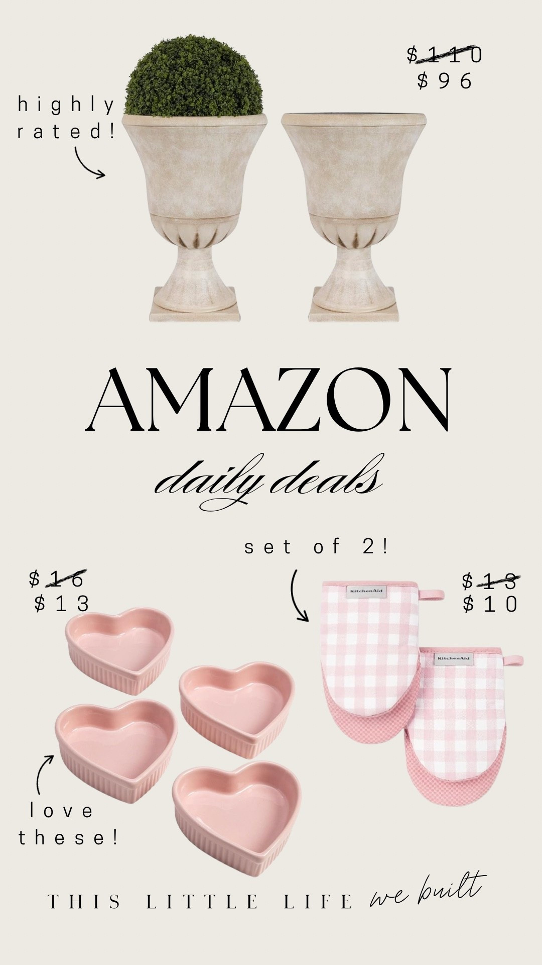 Amazon daily deals! 

Valentines day deals, gift ideas, planters, Amazon home, affordable shine

#LTKSeasonal #LTKHome #LTKSaleAlert