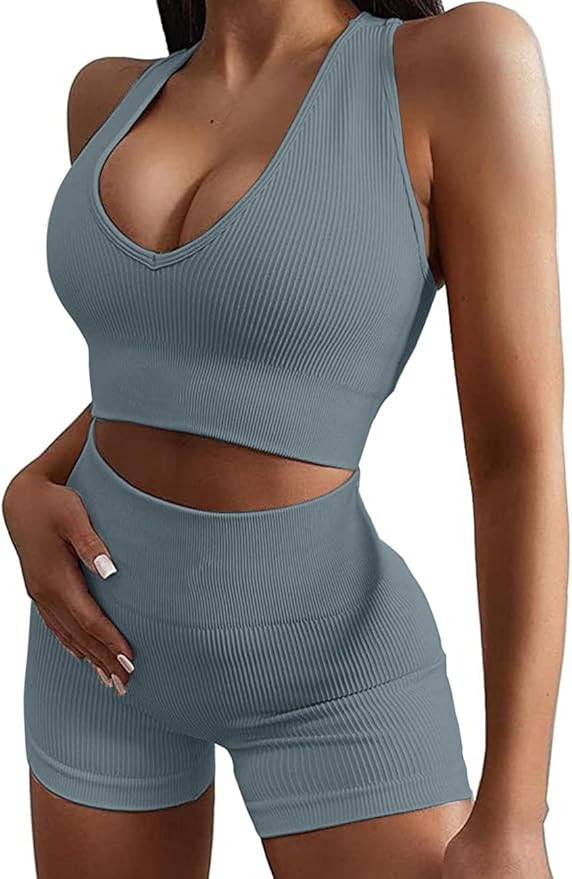 Micoson Womens Seamless Workout Sets Two Piece Exercise Outfits Ribbed Racerback Activewear Sets | Amazon (US)