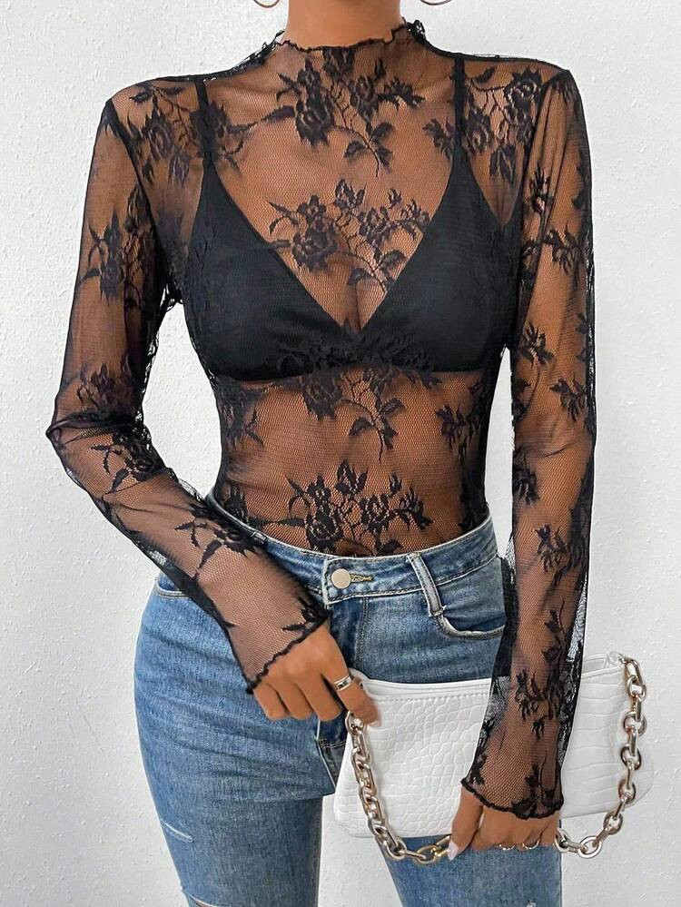 Allurite Mock Neck Lettuce Trim Sheer Lace Top Without Bra Fall Cloth For Women | SHEIN