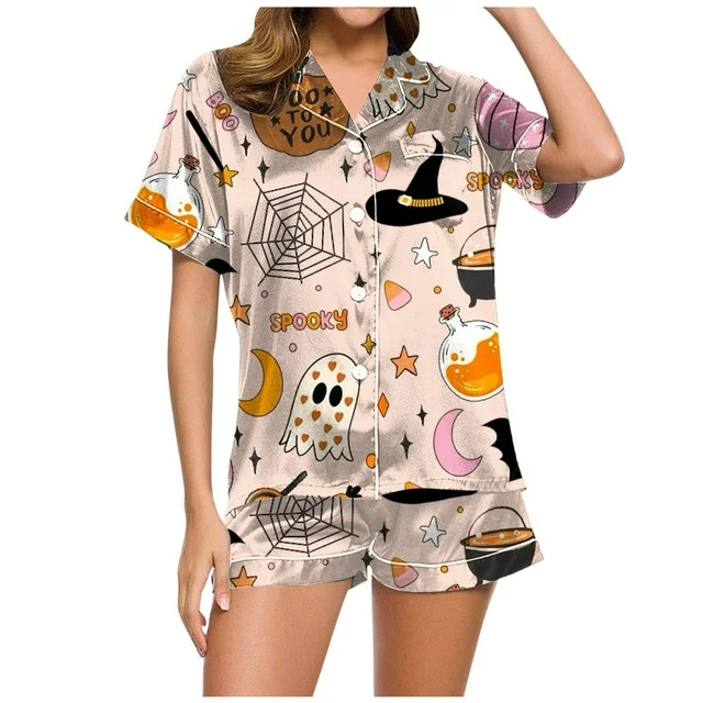 Halloween Womens Silk Pajamas Set Ghost Print Shirt And Shorts Satin Pjs Sets 2 Piece Loungewear ... | Walmart (US)