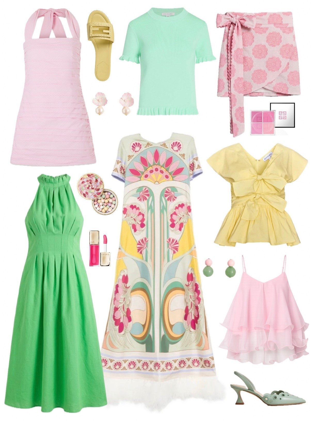New spring finds 🌸 spring dresses spring outfits 2026 vacation beach outfit statement dresses earrings yellow pink green statement tops bow blouse Walmart tuckernuck classic timeless style 