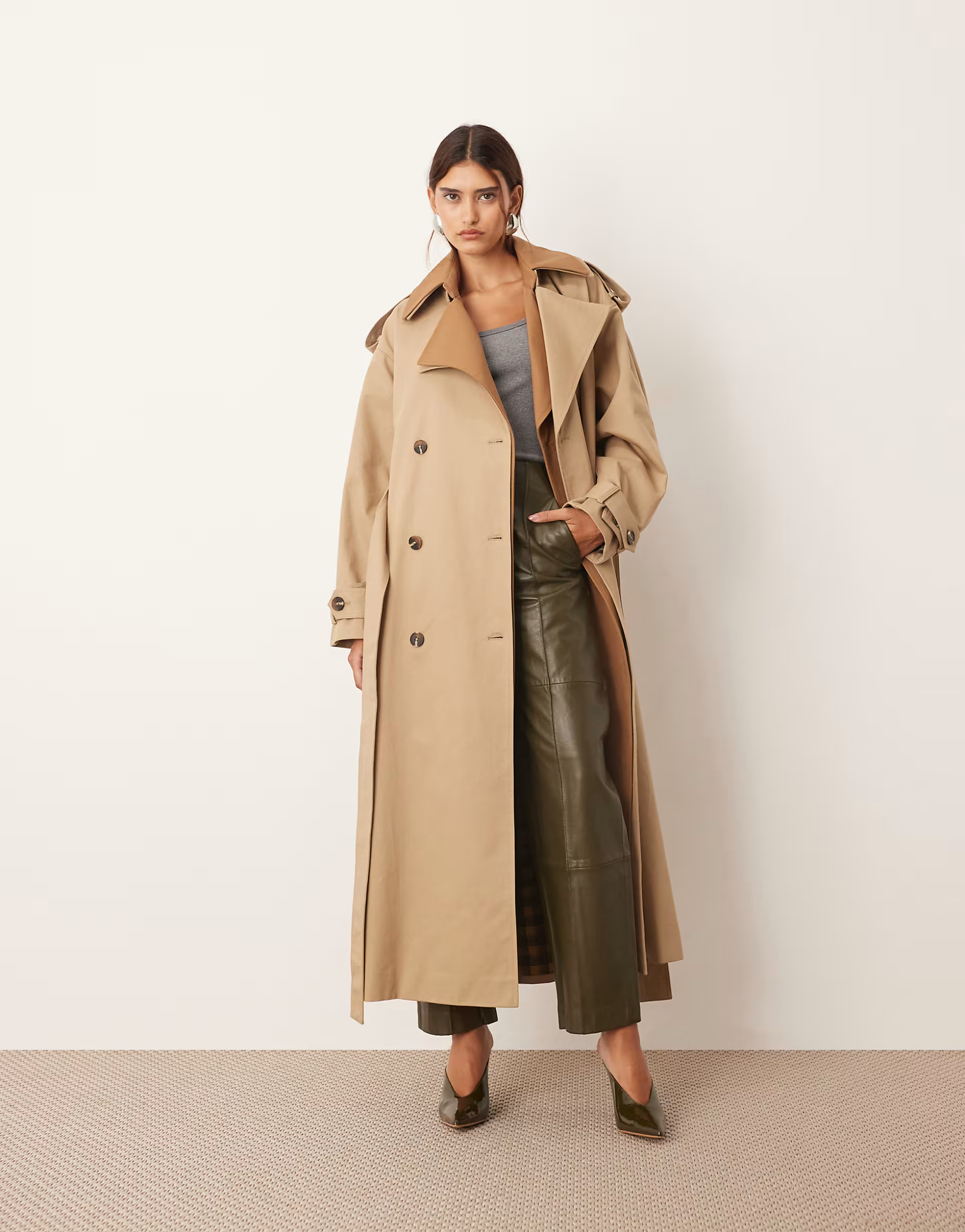 ARRANGE two tone lapel double breasted trench coat in tan | ASOS (Global)