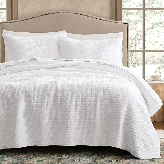 WDCOZY 100% Cotton King Size Quilt Set - White Striped Pick Stitch Soft Lightweight Bedspread, Te... | Amazon (US)