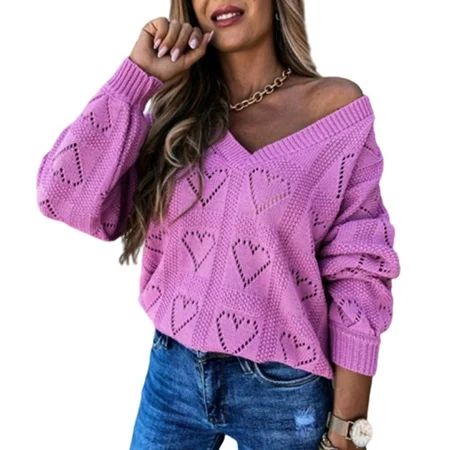 Alloet Solid Color Heart Sweater Women V-neck Loose Knitted Jumper | Walmart (US)