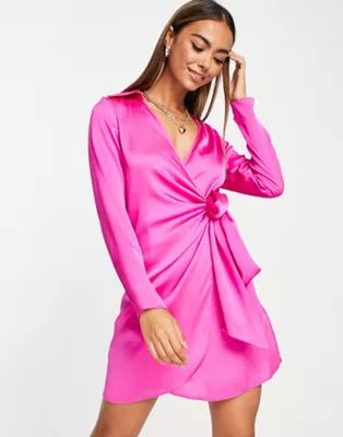 New Look satin tie side mini dress in hot pink | ASOS (Global)