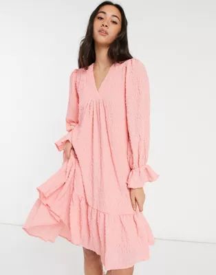 Y.A.S textured mini smock dress with dipped hem and v-neck in pink | ASOS (Global)