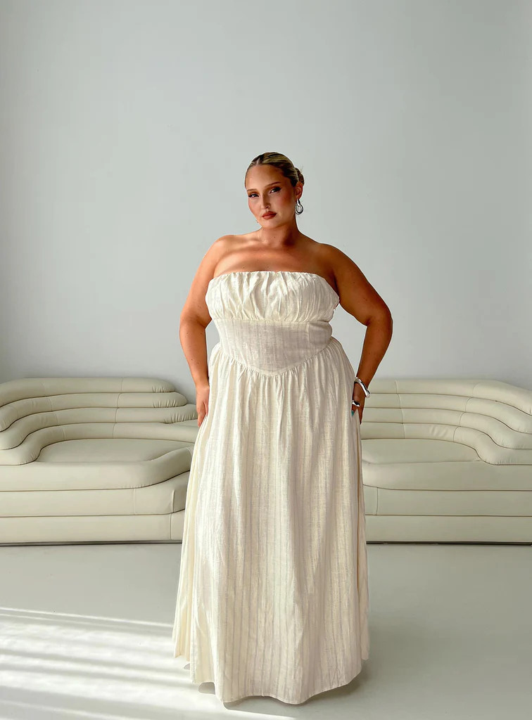 Slow Dance Linen Blend Maxi Dress Cream / Blue Curve | Princess Polly US