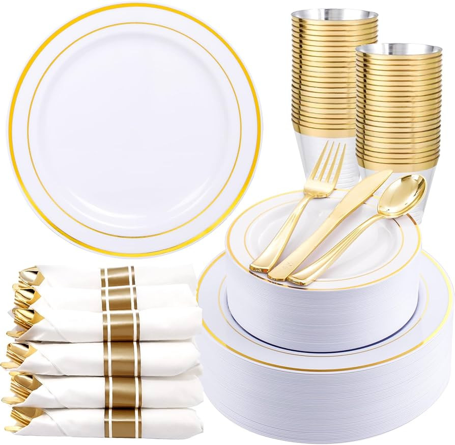 350Piece Gold Plastic Dinnerware Set for 50 Guests - Gold Plastic Plates with Disposable Cutlery ... | Amazon (US)