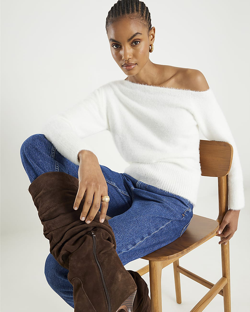 White Long Sleeve Asymmetric Fluffy Top | River Island UK & IE