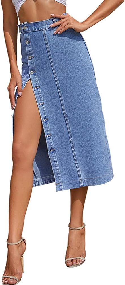 Womens Casual Slit Denim Midi Jean Skirt Stretch High Waist Frayed Button Up with Pockets | Amazon (US)