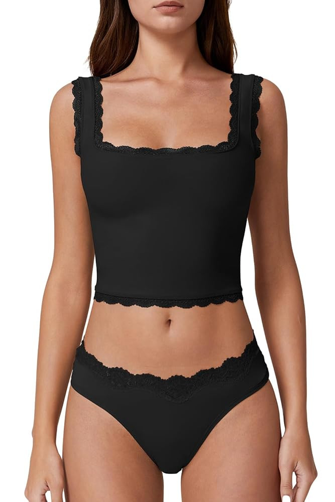 QINSEN Womens Square Neck Lace Trim Tank Tops Double Lined Slim Fit Summer Going Out Y2k T Shirts | Amazon (US)