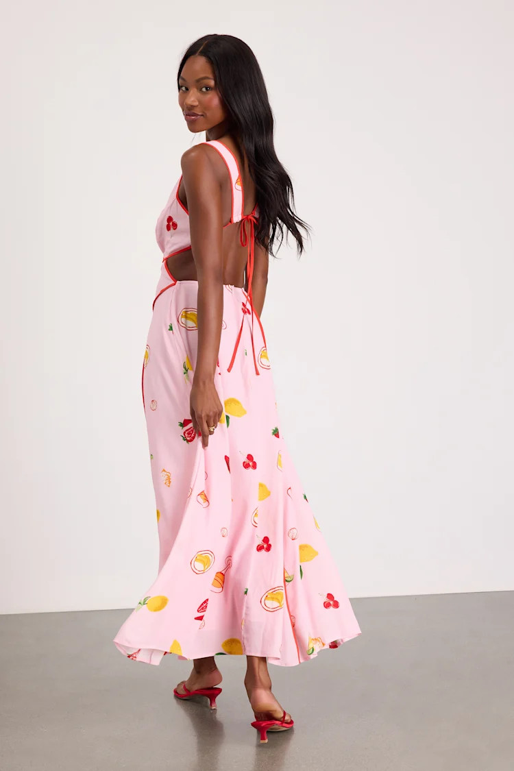 Nabina Light Pink Multi Print Tie-Front Maxi Dress | Lulus