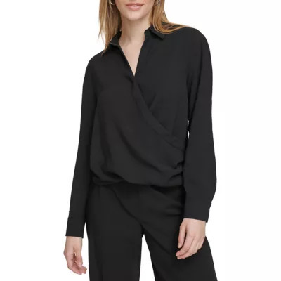 Calvin Klein Women's Long Sleeve Airflow Wrap Top with Collar, Black, XS | Belk