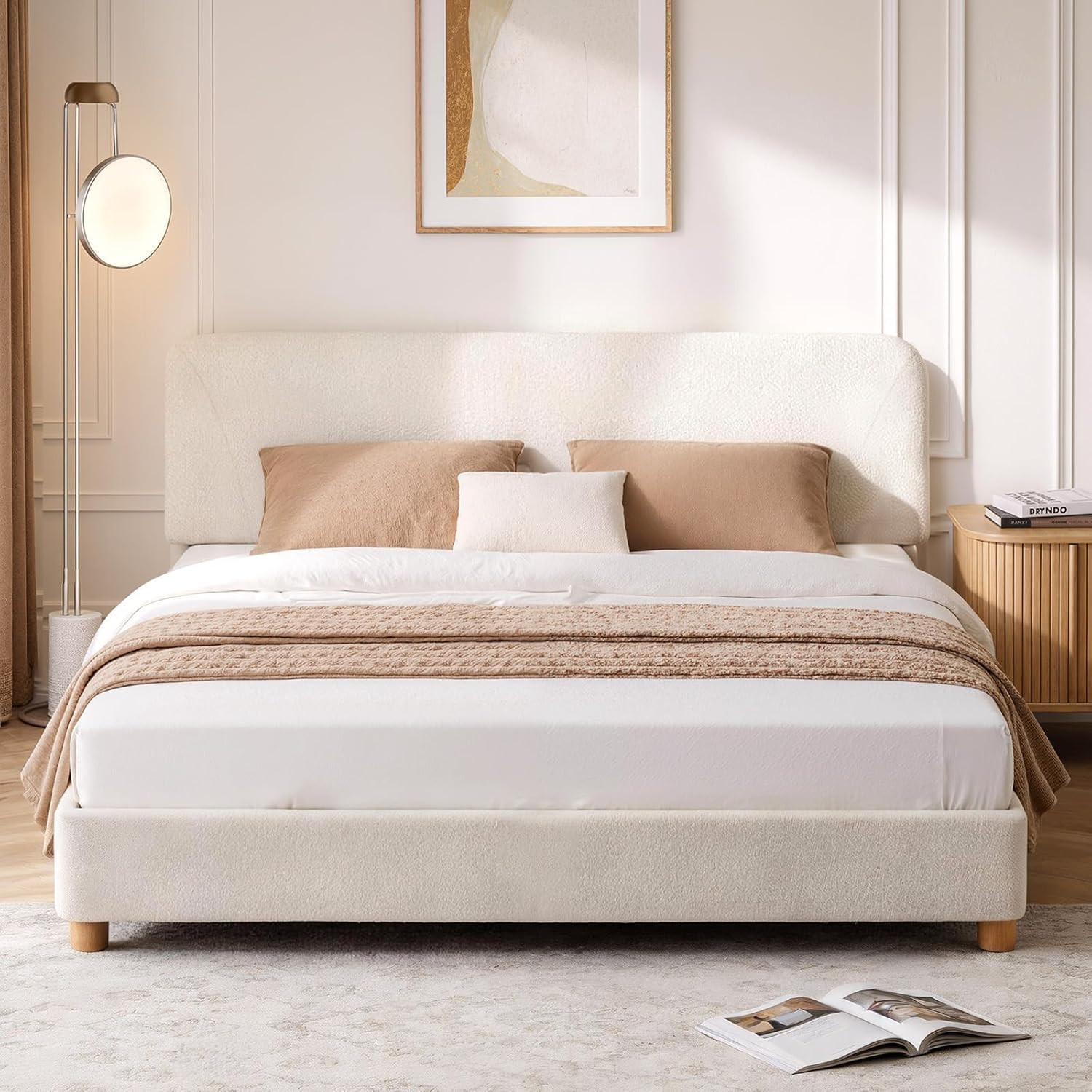 Queen Cloud Bed Frame, Wood Boucle Upholstered Platform Bed, Cream White | Amazon (US)