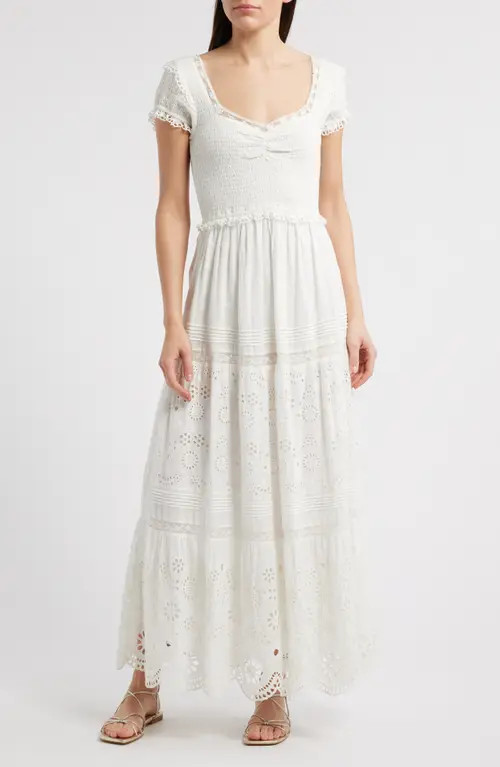 LoveShackFancy Bisolet Lace Trim Tiered Sundress in Optic White at Nordstrom, Size X-Large | Nordstrom