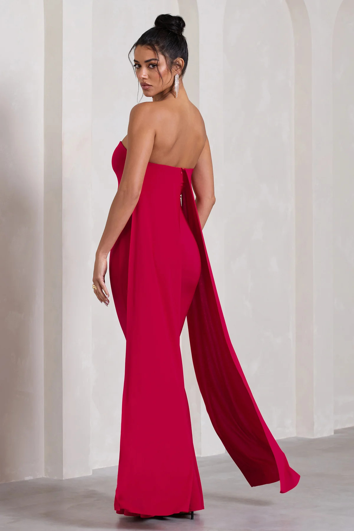 Christina | Red Bandeau Sleeveless Maxi Dress With Cape | Club L London