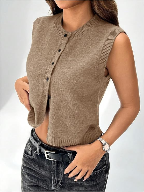 GORGLITTER Women's Button Down Knit Sweater Vest Sleeveless Crewneck Crop Cardigan | Amazon (US)