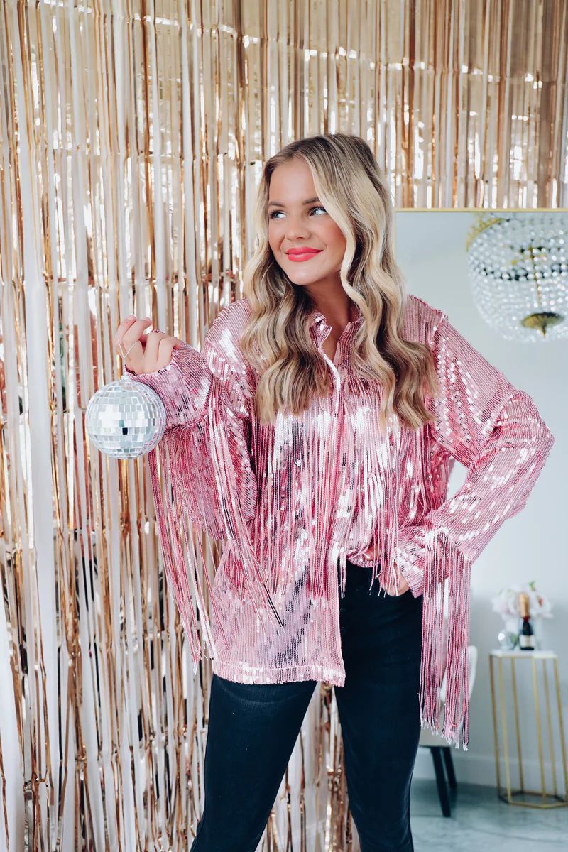 Fashionista Fringe Sequin Shacket - Pink | Whiskey Darling Boutique