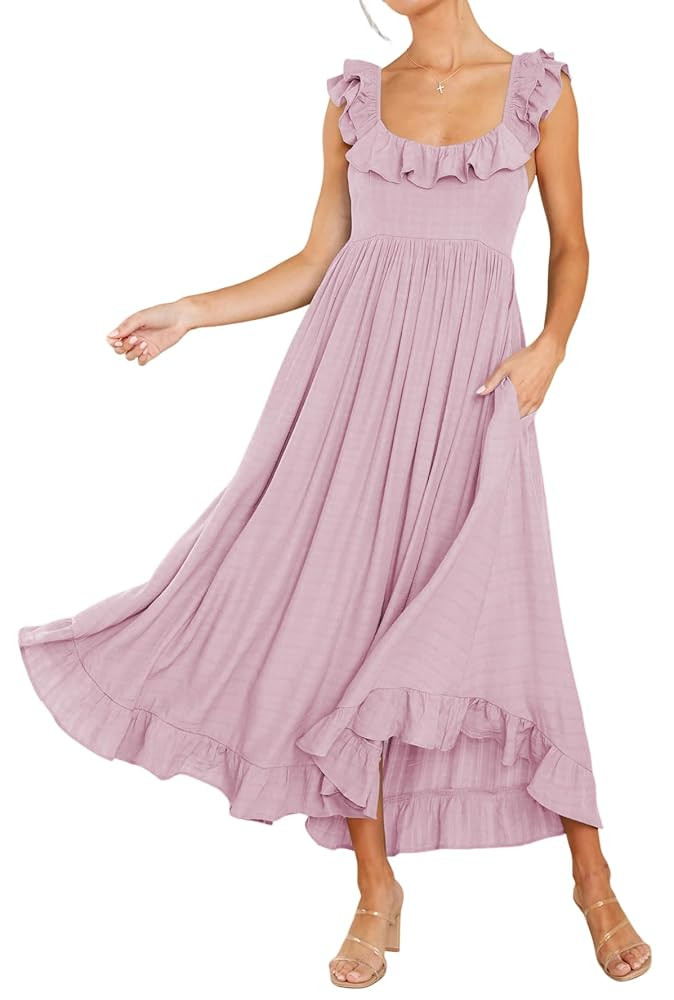 R.Vivimos Summer Dress for Women Sleeveless Boho Ruffle Square Neck Tie Back Casual Backless Flow... | Amazon (US)