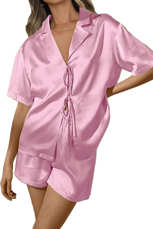 CHYRII Women's Silk Satin Pajamas Sets Tie Front Short Sleeve Tops and Shorts Two Piece Pj Sets Slee | Amazon (US)