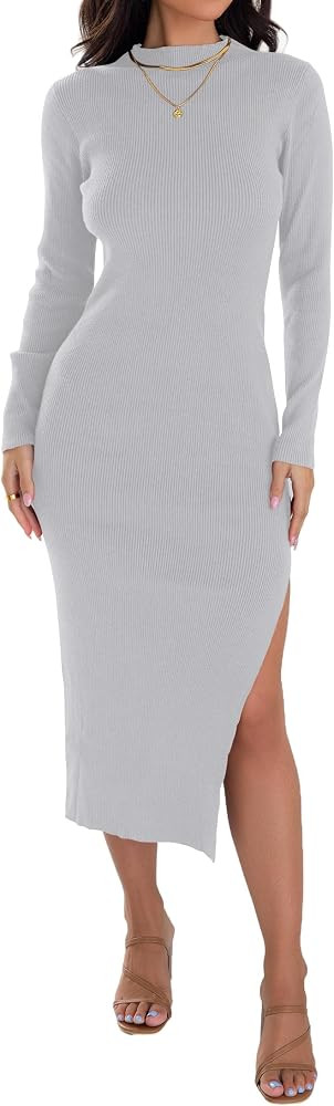 ZESICA Women's 2024 Ribbed Knit Dress Long Sleeve Mock Neck Slim Fit Side Slit Fall Elegant Sweat... | Amazon (US)
