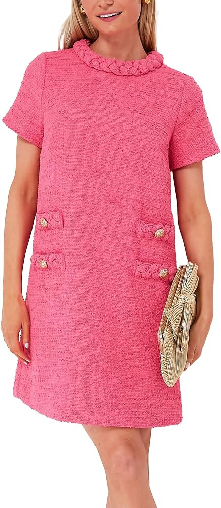 LifeShe Women's Tweed Jackie Dress Elegant Casual A-line Crew Neck Short Sleeve Bodycon Business ... | Amazon (US)