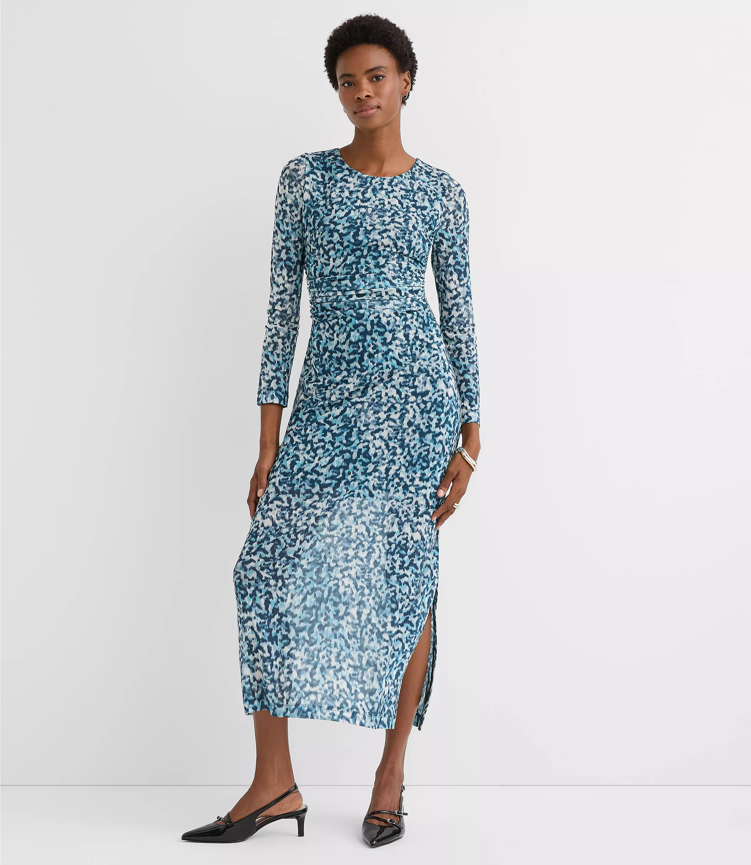 Geo Mesh Ruched Midi Dress | LOFT