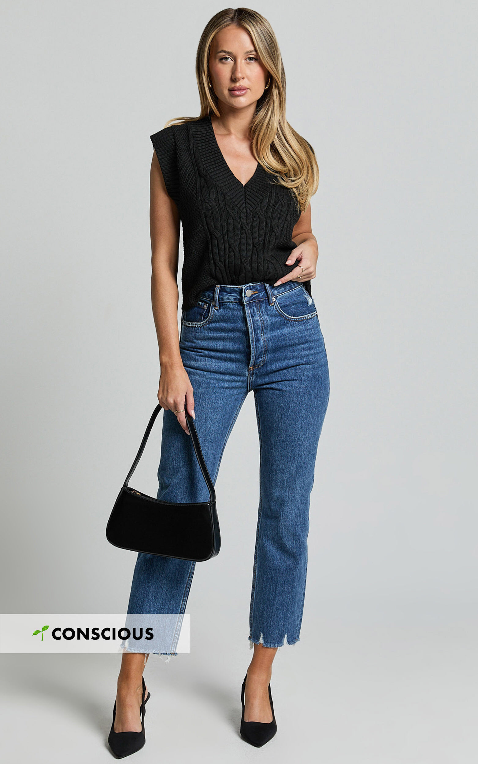 Zelrio Jeans - High Waisted Recycled Cotton Cropped Denim Jeans in Dark Blue Wash | Showpo (US, UK & Europe)